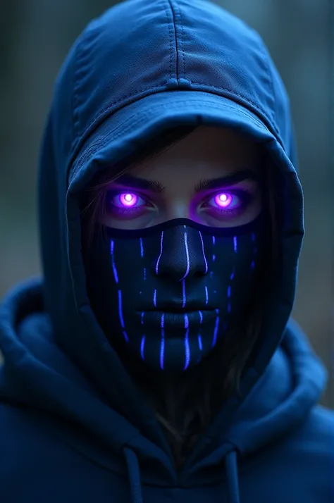 I want my character with flaming purple eyes, a dark blue cap on the back and a dark blue mask with blue stripes. 
