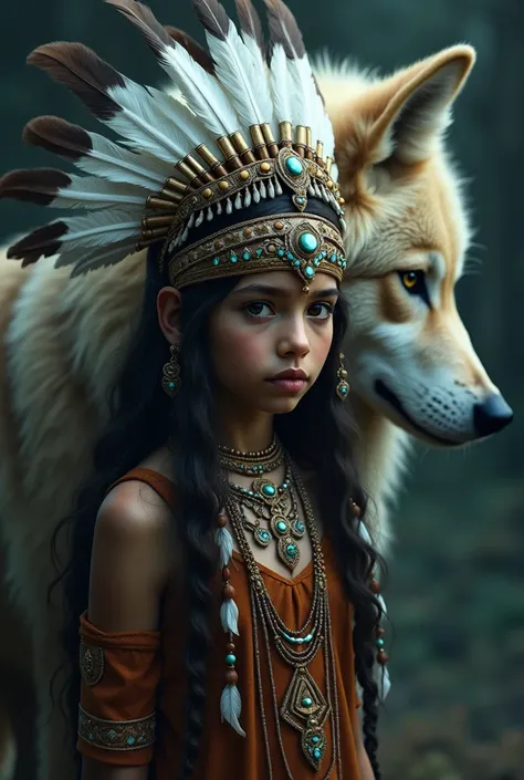 Indian girl, head piece, wolf