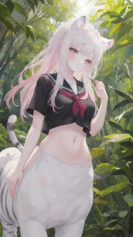 (best quality, masterpiece), 1 girl, centaur, I beg, White skin, Japanese schoolgirl,daughter,black pink, exposing the abdomen, belly button t-shirt , Beautiful girl perfect white tiger photo, Perfect jungle photo