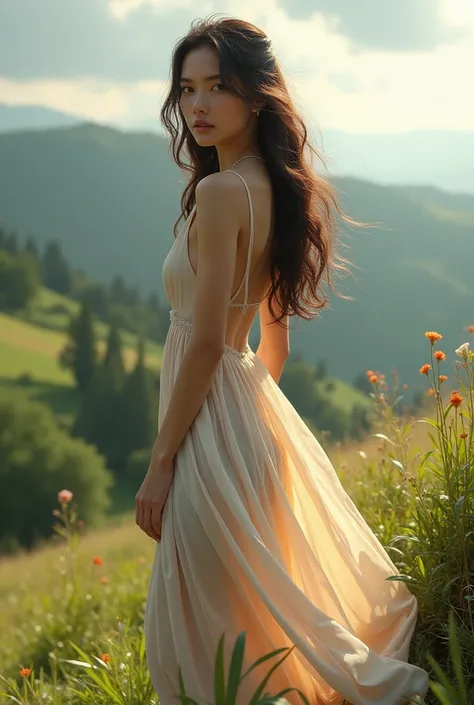 a beautiful young woman with striking features, long flowing hair, wearing an elegant dress, set against a serene natural landscape, masterfully rendered in photorealistic 4k detail