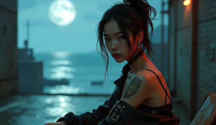 Female Asian, serious face, messy hair tied with neon tips, amber eyes, cybernetics in eyes, scar on left eye, left arm with few Black carbon cybernetics, neon leather outfit, tattoo with family symbol on forearm,  lage alley background, moon reflection on...