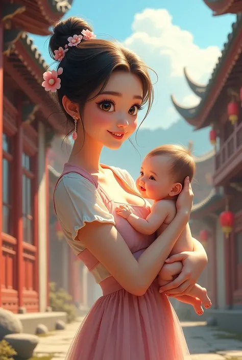 {{masterpiece, best quality, extremely detailed CG, unity 8k wallpaper, cinematic lighting}}, traditional Chinese ink painting, 1girl, 1baby, young woman holding a baby, full body, ancient architecture, blue sky, sunny day, wooden architecture, prominent p...