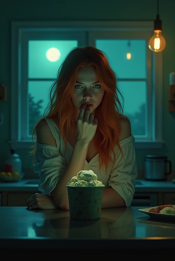 1 Woman with copper hair and deep emerald green mermaid eyes, in pajamas sitting at the kitchen island eating a tub of ice cream in the middle of the night and only the moonlight gives little illumination 