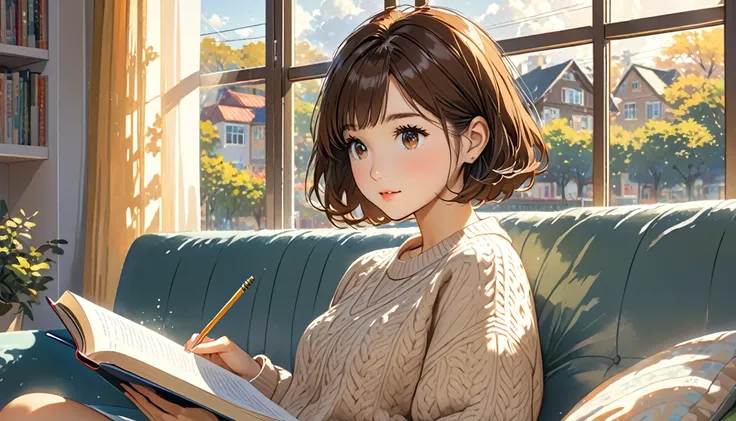 Girl sitting on sofa reading a book,In front of a large window,Morning sunlight,Streetscape、listen to music、short brown hair, bob hairstyle, pretty brown eyes, studying, cute sweater, detailed, pretty dark brown eyes