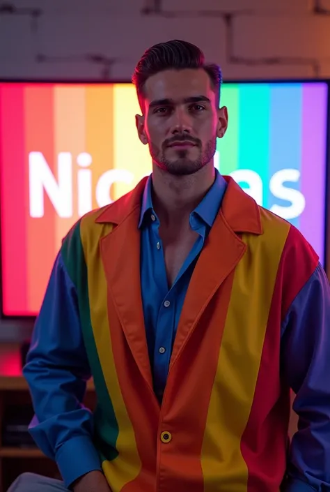  gay guy named nicolas he has gelled hair back and a giant tv is showing his name,he wears an outfit with the colors of the lgbt flag