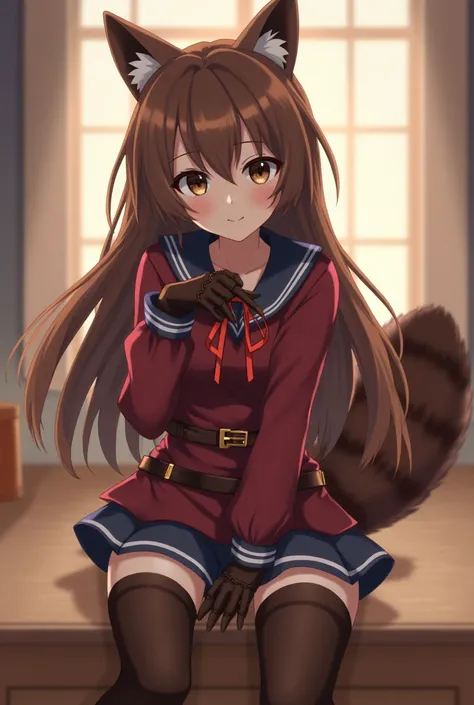 a raph, raccoon ears, raccoon girl, animal ears, long hair, brown hair, raccoon tail, tail, gloves, brown gloves, belt, thigh boots, thighhighs,  zettai ryouiki, red ribbon, masterpiece, best quality, solo, cinematic lighting, looking at viewer, full body