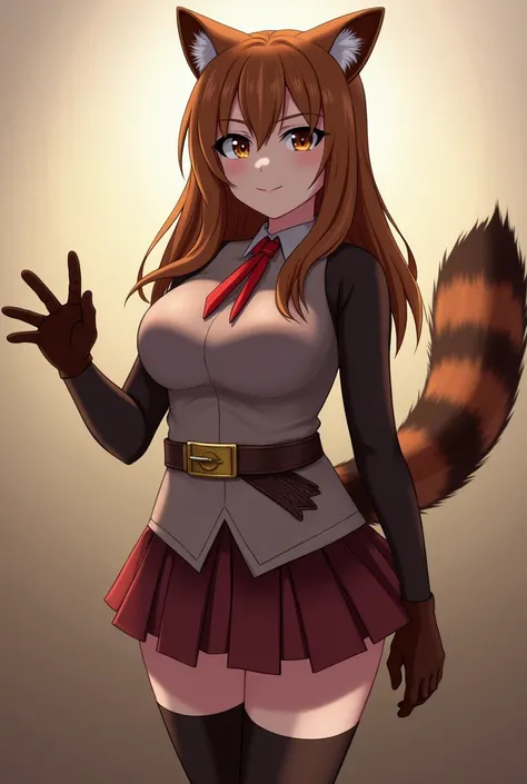 a raph, raccoon ears, raccoon girl, animal ears, long hair, brown hair, raccoon tail, tail, gloves, brown gloves, belt, thigh boots, thighhighs,  zettai ryouiki, red ribbon, masterpiece, best quality, solo, cinematic lighting, looking at viewer, full body