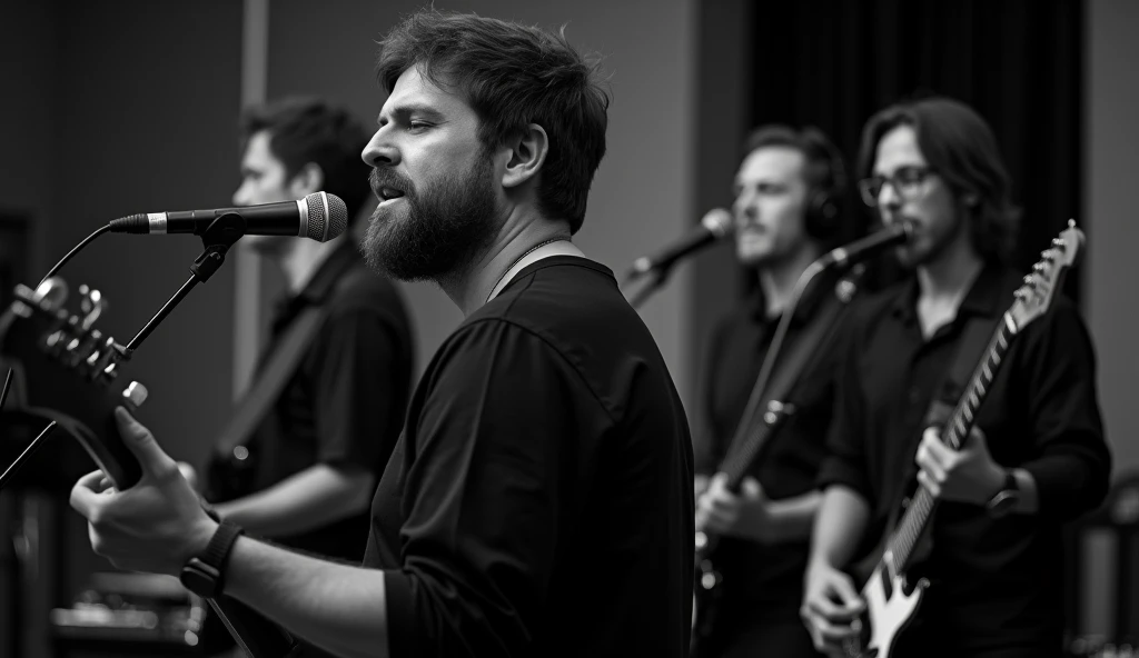 A modern rock band black and white image, with soft blur on faces , high qualiy, rehearsal studio, all wearing black blouses, vocalist with medium beard , everyone looks to the right almost turning their backs