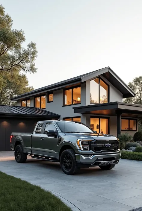 Modern ranch house with modern pickup truck