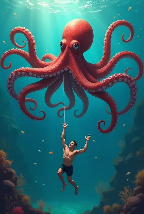 An Octopus tentacles saving a person pulling their arm with its tentacles 