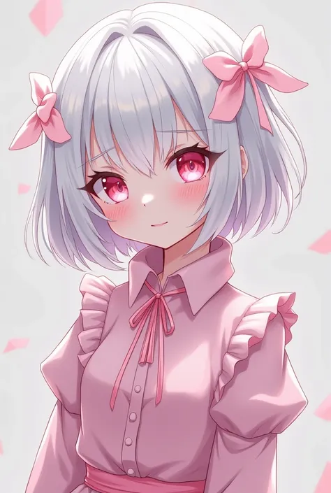 Anime style girl with a mischievous and evil face with short white hair, White eyelashes and completely albino, meaning her whole being is luminous white. Despite his evilness, he wears light pink clothes in an elegant style and also has eyes of this same ...