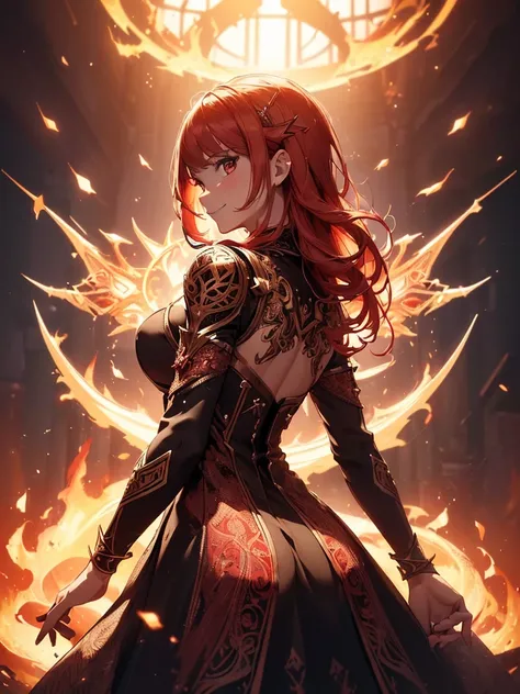 (((best quality, sharp image, clear image, cinematic lighting, 8k resolution, masterpiece, ultra detailed, intricate))) Girl, sorcerer, cute, intricate dress, smiling, fiery red, ((intricate background)), (rune frame), dimension, ((shot from behind)), fire...