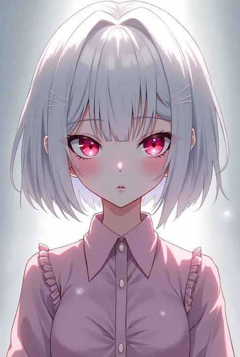 Anime style girl with a mischievous and evil face with short white hair, White eyelashes and completely albino, meaning her whole being is luminous white. Despite her evilness, she wears light pink and elegant clothes. She also has eyes of this same pink c...