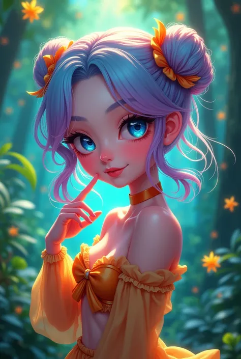 Masterpiece, best quality, super high resolution, fluorescent color,, 1 girl, looking at the audience, beautiful face, beautiful eyes, (off-the-shoulder: 1.2), head up, upper body, forest, shiny hair, shiny skin, glowing cut, chibi, finger proportions coor...