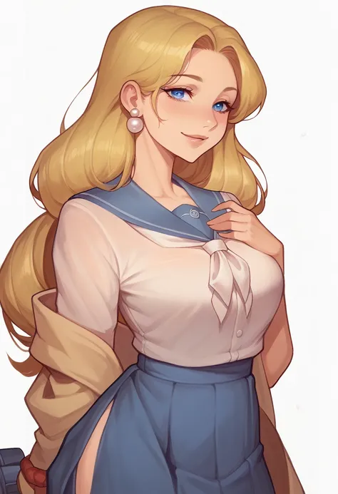 "A mature and elegant teenage girl with long, wavy golden blonde hair and deep blue eyes, wearing a traditional Japanese school uniform with a navy-blue skirt and white blouse. She is standing and looking at the camera with a graceful smile. She has a whit...