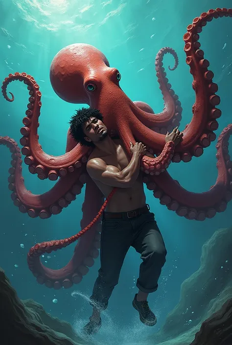 An Octopus tentacles saving a black person pulling their arm with its tentacles 