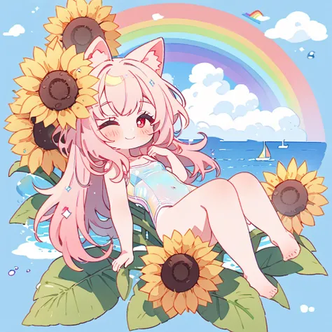 top quality, ​masterpiece, High resolution, pastel colors, Aquarellstil, Chibi-Character, pinkies Hair, Animal Ear Girl, red eye, sleeping sideways on a large sunflower, smile, transparent swimsuit, Beautiful rainbow, blue sky, clouds, sea,Sleeping next to...