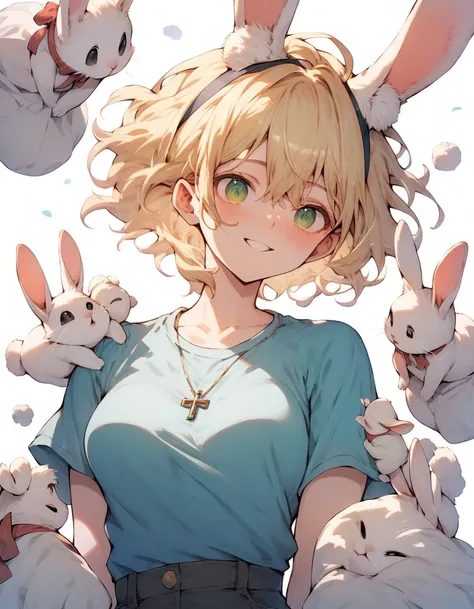 (masterpiece, best quality, expressive eyes, perfect face), 1girl, white_rabbit_ears, rabbit_girl, blonde_short_hair, green_eyes, D-cup_sized_breasts, blue_shirt, greystone_pants,