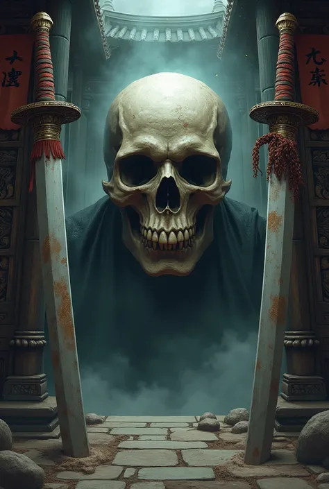 A Samurai skull coming out of a temple with two swords
