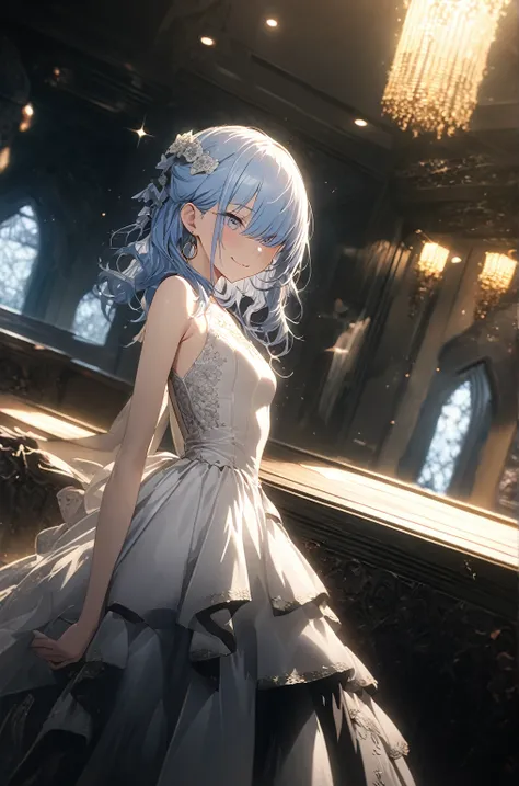 ((Masterpiece)), (Anime:1.3), ((best quality)), (Professional Photography:1.3), (super detail:1.2), (High Definition:1.3), (), 8K, lens flare, wide shot, Textured skin, cinematic lighting, 1girl, ((Beautiful Gothic Lolita pure-white-Dresses)), (very hoop-d...