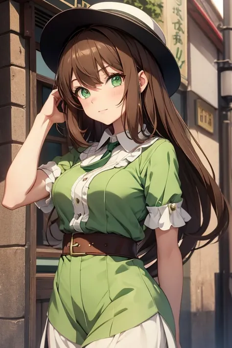 2D anime , girl in the twenties, brown hair, green eyes