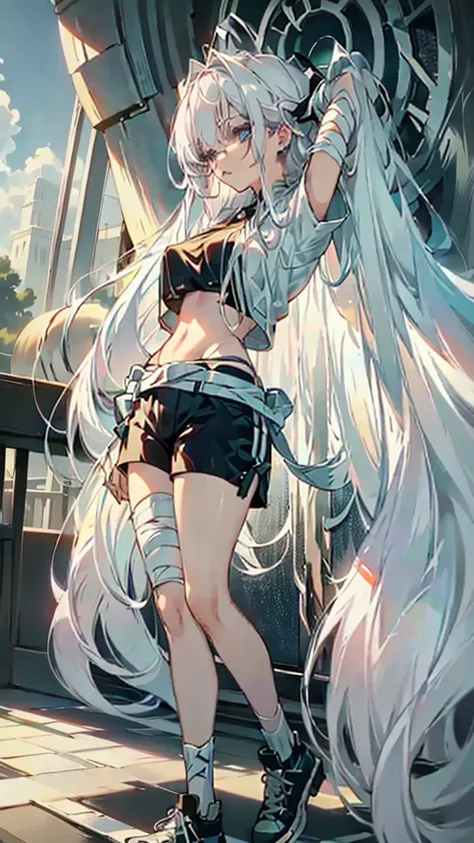 anime style , hana hikaru, 1 girl, bee, abundant white hair, long bangs,  two white horns on the head, ((he has big circular gla...