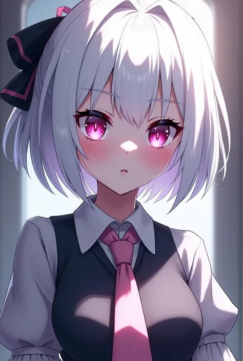 Anime style girl with a mischievous and evil face with short white hair, White eyelashes and completely albino, meaning her whole being is luminous white. Despite her evilness, she dresses in clothes like a schoolgirl dress or rather elegant with a tie lik...