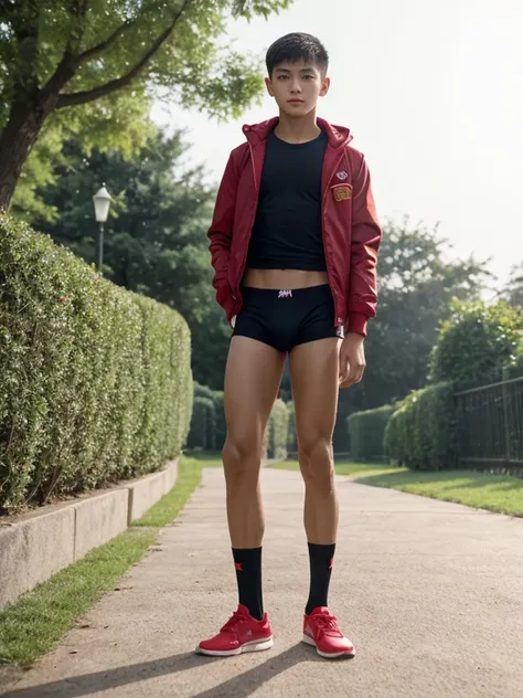  teenagers , very young , light-skin , wearing an dark red sexy underwear, tmasterpiece，k hd，the feet，Transparent sports vest，semi transparent，black long socks，The barefoot , red colour , handsome and cute , extreme cute boy , white skin , dark red underwe...