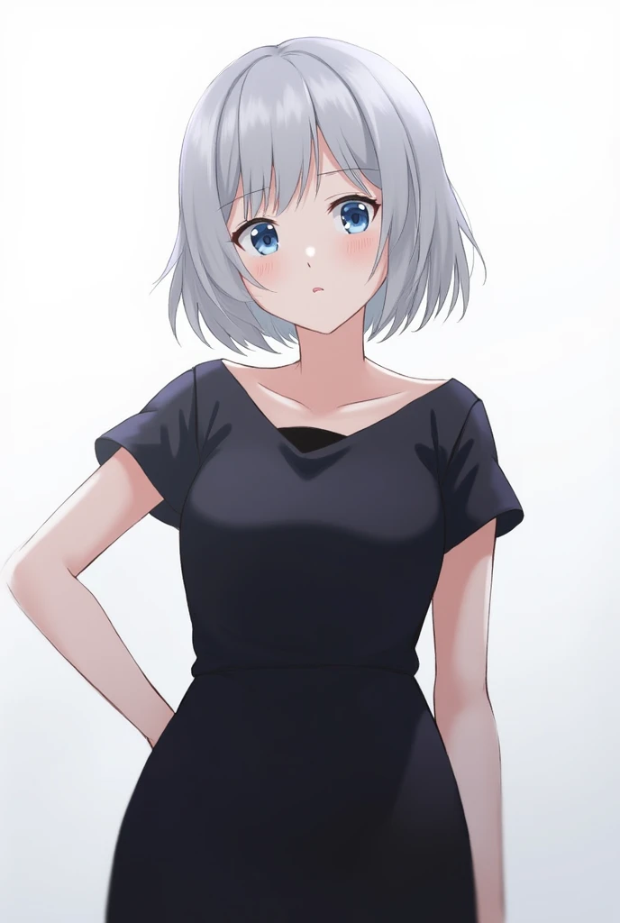 masterpiece, best quality, highres, 1girl, solo, anastasia (idolmaster), idolmaster cinderella girls, blue eyes, short hair, grey hair, black dress, cowboy shot, , closed mouth, upper_body,