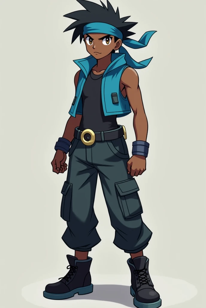 I want a pokemon trainer with black hair and a bandana on his forehead, dark brown eyes, with a dead fish look and a black and cyan outfit, but the man is dark-skinned but it gives him a bit of the Pokémon anime features 