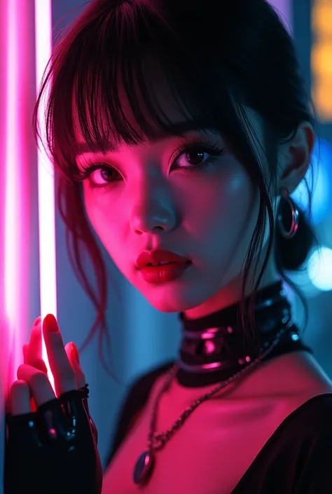 cyberpunk, women holding neon light in hand, brokeh, beautiful detailed eyes, beautiful detailed lips, extremely detailed eyes and face, long eyelashes, cyborg, sci-fi, futuristic, neon city, dark atmosphere, dramatic lighting, (best quality,4k,8k,highres,...