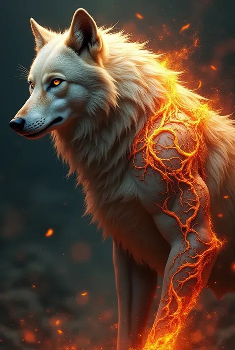 A wolf with roots and flames to tattoo on the upper shoulder towards the arm
