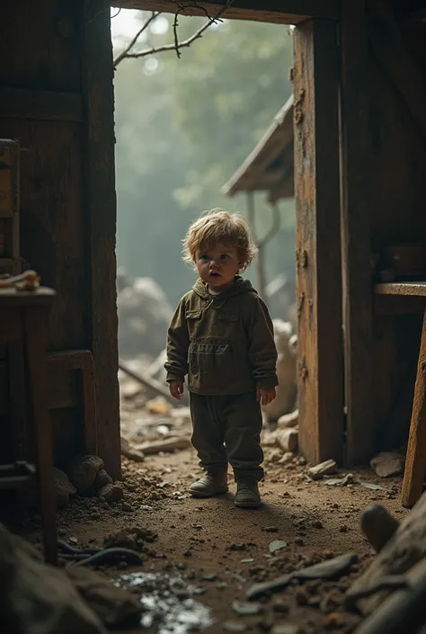 child asking in a cabin in the middle of chaos