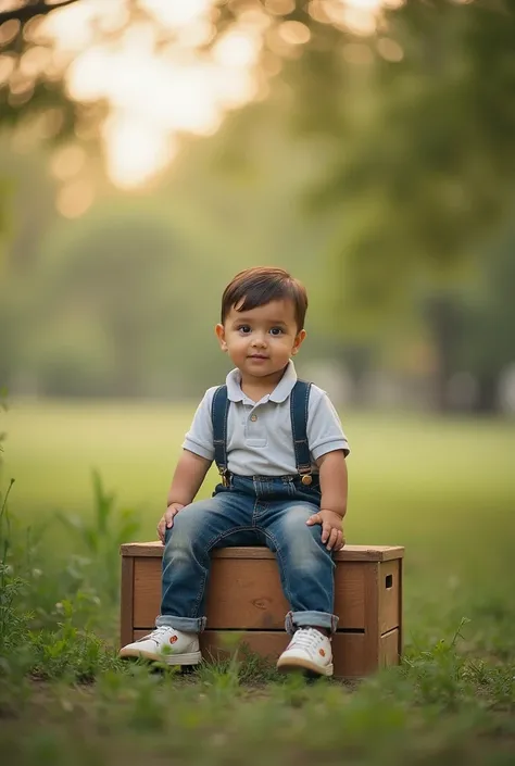 arafed toddler sitting on a wooden box in a field, a picture by Saurabh Jethani, pixabay contest winner, art photography, cute boy, portrait image, outdoor fine photography, candid portrait photo, cute photo, full body photogenic shot, photo taken with son...