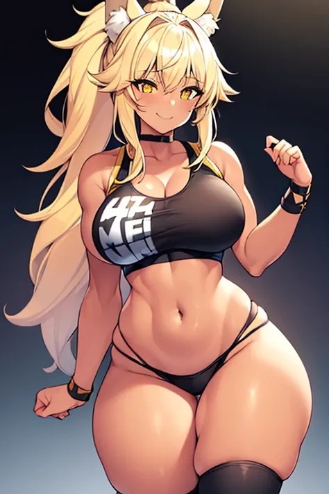 1girl, wolf ears, wolf tail, blonde hair, tan, tan skin, large breasts, thick thighs, yellow eyes, ponytail, sportswear, thighhighs, toned, hourglass figure, mature female, smile, sports bra, highleg, bare legs,