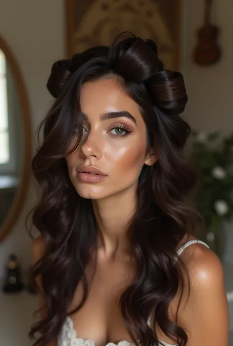 Brunette woman with curlers and makeup is Sagittarius ascendant 
