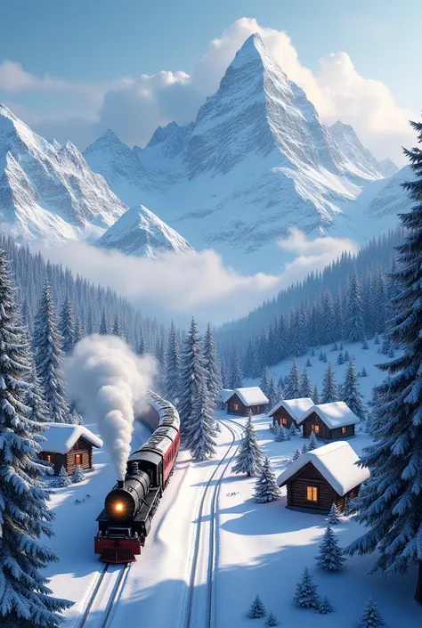 Train in snowy forest mountains.and many log houses on the left.view is on the top.christmas time