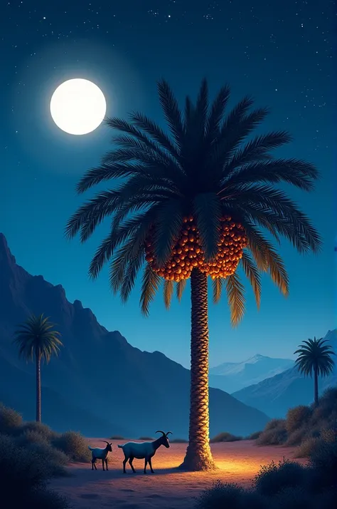 High quality image, best resolution, there is date palm tree. With long leafs, full of dates, night time blue sky withgray clouds. Small stars and big white moon, small goats in the background , mountain in the left side 