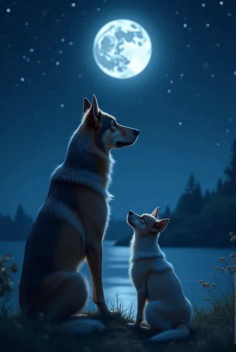 Image of two dogs, one big and one small, facing away from each other, looking at the moon