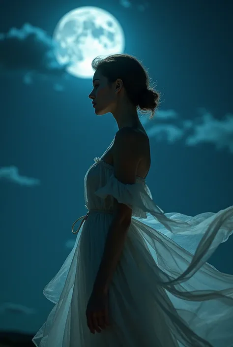 a beautiful woman in a transparent dress standing under a night sky with a full moon, extremely detailed face and body, ethereal twilight theme, cinematic lighting, high quality, detailed, photorealistic