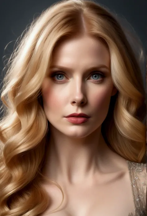 HYBRID FACE BETWEEN BRYCE DALLAS HOWARD AND AMY ADAMS, BUST STYLE IMAGE, STUDIO IMAGE STYLE, DIFFUSED LIGHTS ON FACE, STRONG BACK LIGHTS, CLOSE FACE SHOTBLACK, HUGE LONG BLONDE HAIR, VERY LIGHTNING BLONDE HAIR, VERY PALE SKY, HIGH CHEEKBONES, ROSY CHEEKS, ...