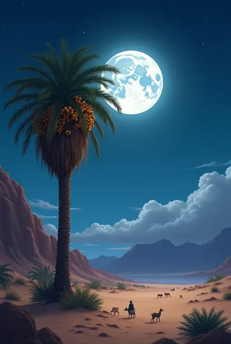 High quality image, best resolution, there is date palm tree. With long leafs, full of dates, night time blue sky with gray clouds. Small stars and big white moon, small goats in the background , mountain in the left side 