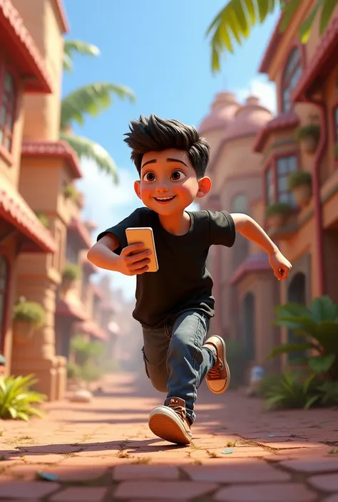 Create for me a young character using his cell phone and running in a black shirt and cargo jeans with style: Disney pixar 