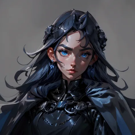 envision a 8k, highres, cinematic, close up beautiful portrait of an Big tall girl named Kronii Ouro with long dark blue hair in a bun, blue eyes, wearing a tight black superhero suit with a long flowing blue cape, a black helmet mask against a dark backgr...