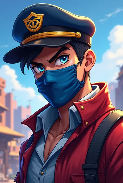 free fire game style male character,featuring,cool captain cap,standard speed blouse, sonic eye makeup,
Arctic Blue Mask