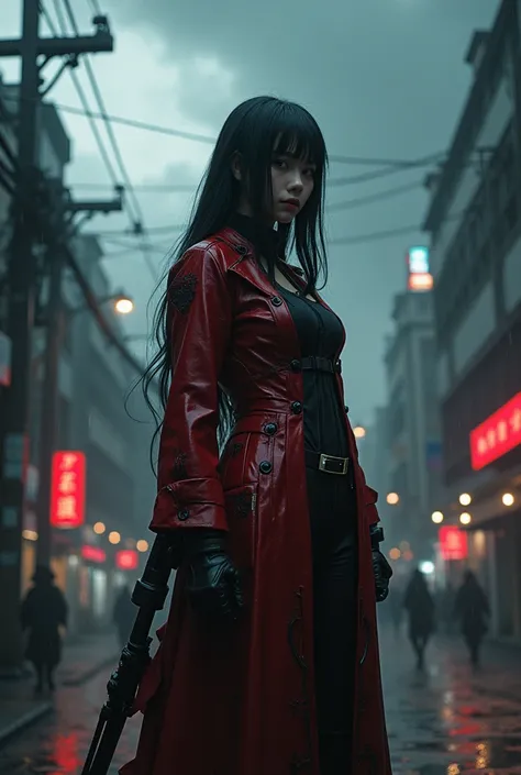 1 Japanese girl, WAR FRAME, intricate pattern, heavy metal, power lines, faceless, bright Eyes, elegant, intense, Blood red and black uniform, Alone, modern, city, streets, Dark Clouds, Storm, Heavy Rain,, dramatic lighting,, (masterpiece:1.2), Best Qualit...