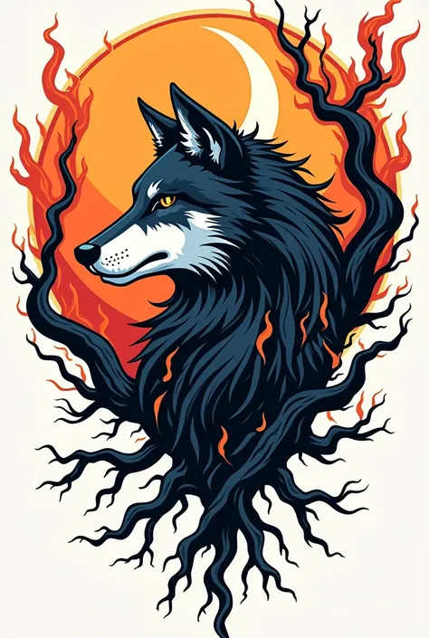 Moon in vector wolf head left profile with roots and flames for tattoo 
