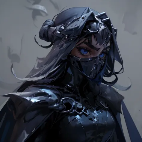 envision a 8k, highres, cinematic, close up beautiful portrait of an Big tall girl named Kronii Ouro with long dark blue hair in a bun, blue eyes, wearing a tight black superhero suit with a long flowing blue cape, a black helmet mask against a dark backgr...