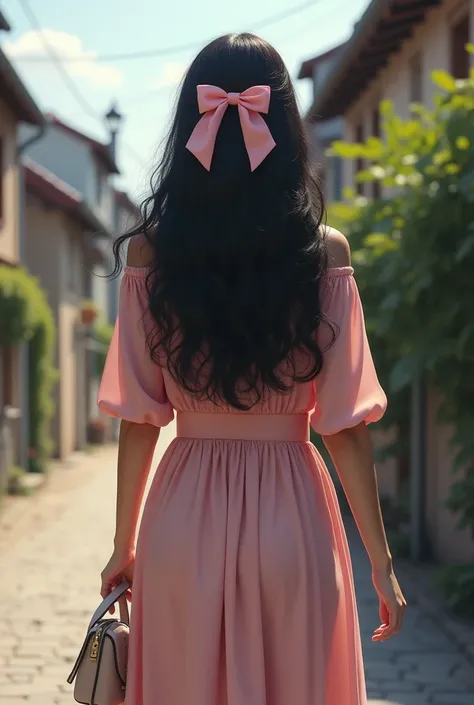 Make 1 woman from behind, Bblack hair, long and curly. She wears a pink bow in her hair and carries a bag on her arm.. The woman is wearing a flared midi dress and is on a street with houses