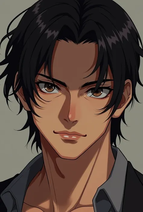 man, black hair, medium confection, brown skin, Brown eyes,seductive aura, realistic anime style illustration 